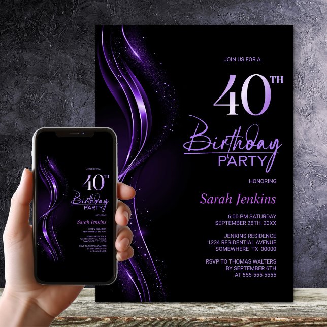 Stylish Black and Purple 40th Birthday Party Invitation (Creator Uploaded)