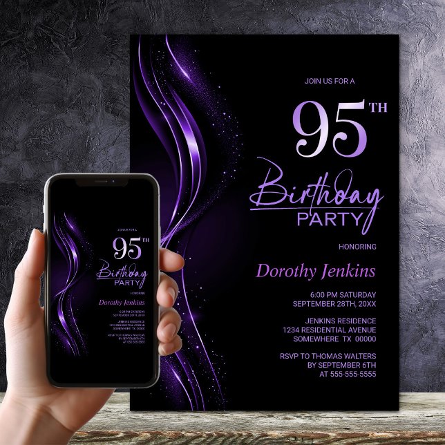 Stylish Black and Purple 95th Birthday Party Invitation (Creator Uploaded)