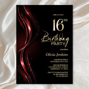 Stylish Black and Red 16th Birthday Party Invitation