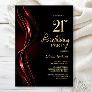 Stylish Black and Red 21st Birthday Party Invitation