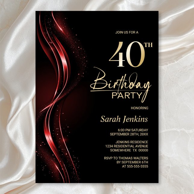 Stylish Black and Red 40th Birthday Party Invitation (Creator Uploaded)