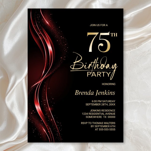 Stylish Black and Red 75th Birthday Party Invitation (Creator Uploaded)