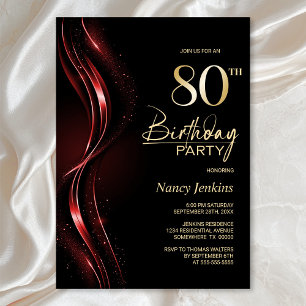 Stylish Black and Red 80th Birthday Party Invitation