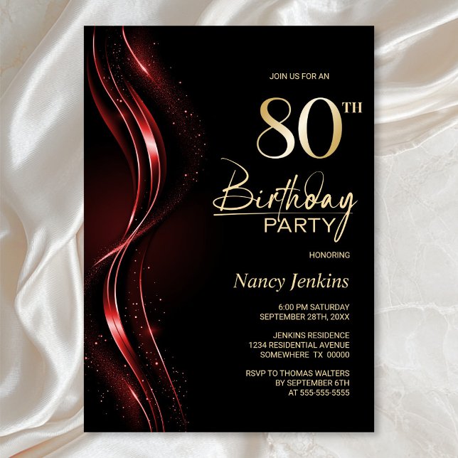 Stylish Black and Red 80th Birthday Party Invitation (Creator Uploaded)