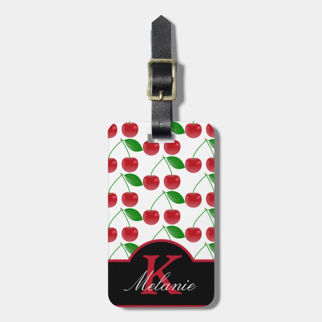 Stylish Black and Red Cherries Personalised Luggage Tag (Front Vertical)