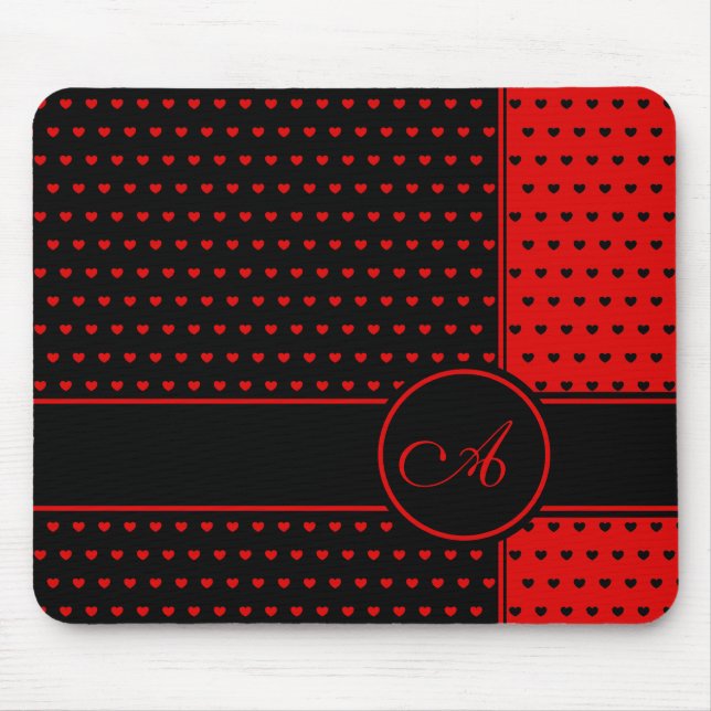 Stylish Black And Red Hearts Pattern - Monogram Mouse Pad (Front)