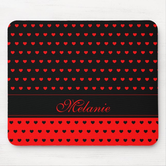 Stylish Black and Red Hearts Pattern Name Template Mouse Pad (Front)