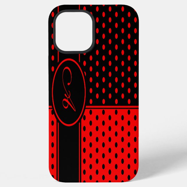 Stylish Black And Red Polka Dots Pattern, Monogram iPhone Case (Back)