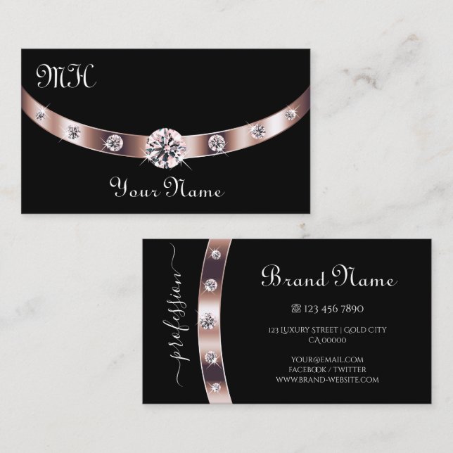 Stylish Black and Rose Gold with Monogram Elegant Business Card (Front/Back)