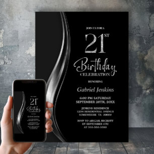 Stylish Black and Silver 21st Birthday Party Invitation
