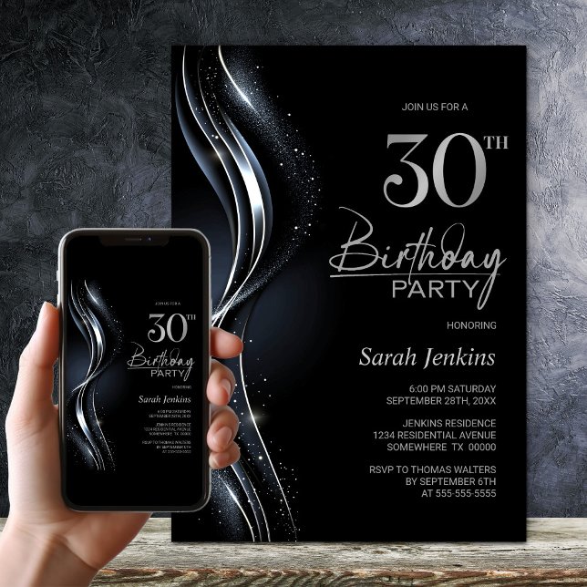 Stylish Black and Silver 30th Birthday Party Invitation (Creator Uploaded)