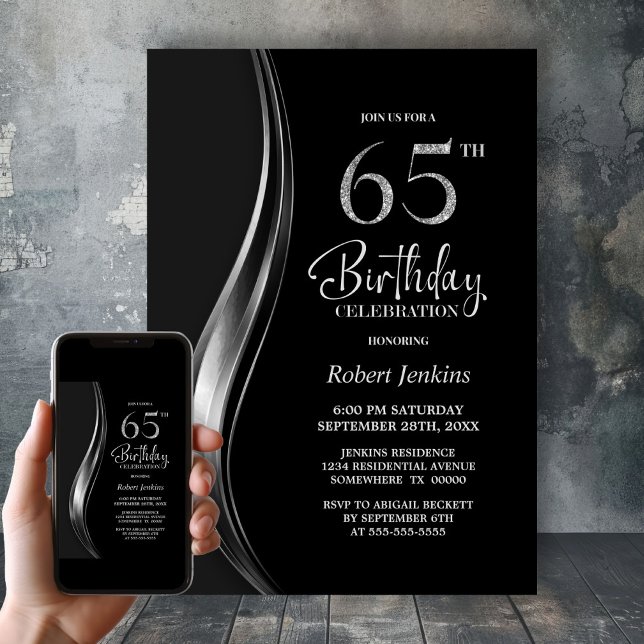Stylish Black and Silver 65th Birthday Party Invitation (Creator Uploaded)
