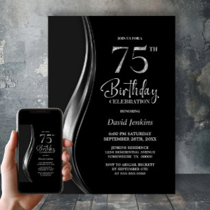 Stylish Black and Silver 75th Birthday Party Invitation