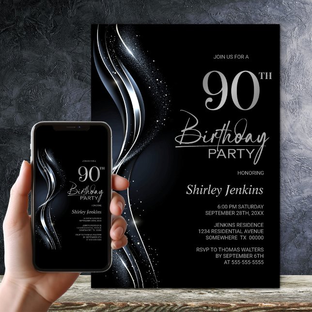 Stylish Black and Silver 90th Birthday Party Invitation (Creator Uploaded)