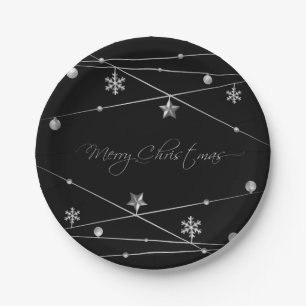 Stylish Black and Silver Christmas Calligraphy Paper Plate