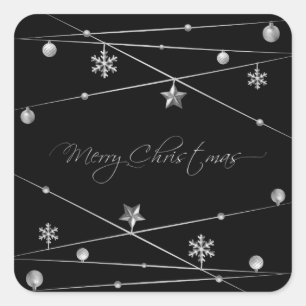 Stylish Black and Silver Christmas Calligraphy Square Sticker