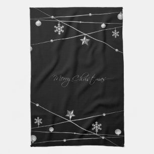 Stylish Black and Silver Christmas Calligraphy Tea Towel