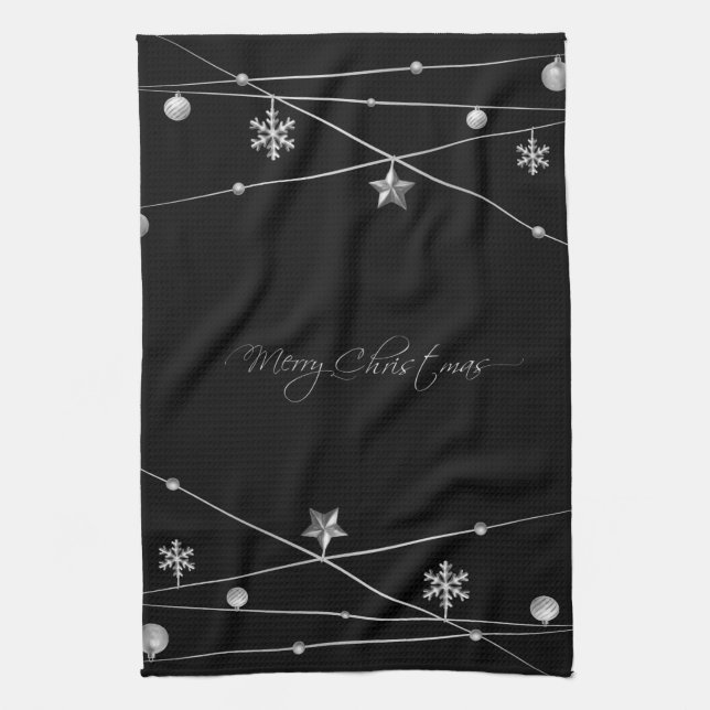 Stylish Black and Silver Christmas Calligraphy Tea Towel (Vertical)
