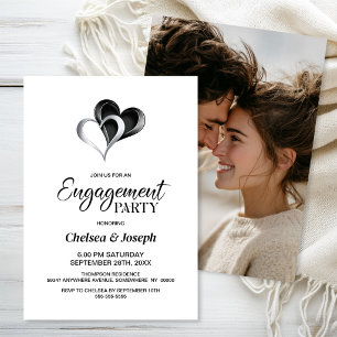 Stylish Black and Silver Hearts Engagement Party Invitation