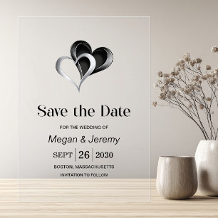 Stylish Black and Silver Hearts Wedding Acrylic Invitations