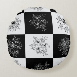 Stylish Black and white Floral chequered aesthetic Round Cushion