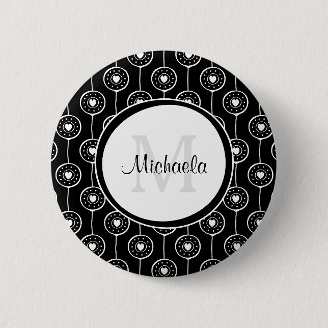 Stylish Black and White Hearts Monogram With Name 6 Cm Round Badge (Front)
