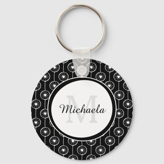 Stylish Black and White Hearts Monogram With Name Key Ring (Front)