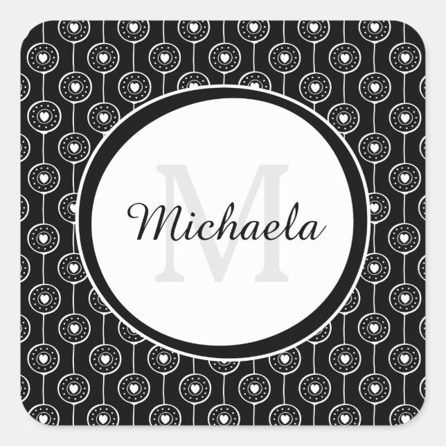 Stylish Black and White Hearts Monogram With Name Square Sticker (Front)