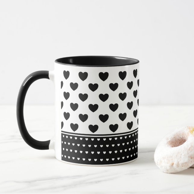 Stylish Black And White Hearts Pattern Mug (With Donut)