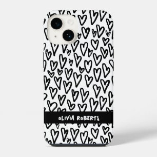 Stylish Black and White Hearts Pattern Personalise iPhone 14 Case