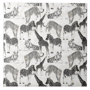 Stylish Black and White Jungle Animals Pattern Ceramic Tile