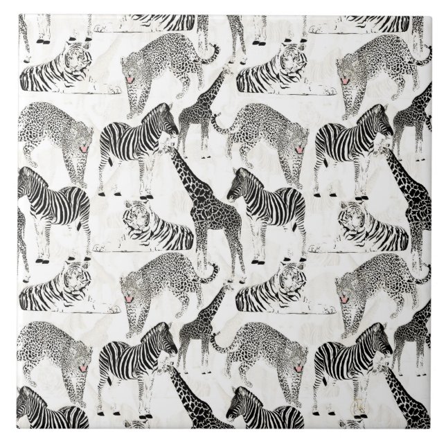 Stylish Black and White Jungle Animals Pattern Ceramic Tile (Front)