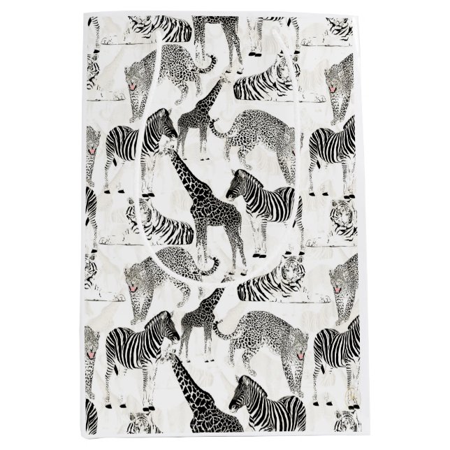 Stylish Black and White Jungle Animals Pattern Medium Gift Bag (Front)