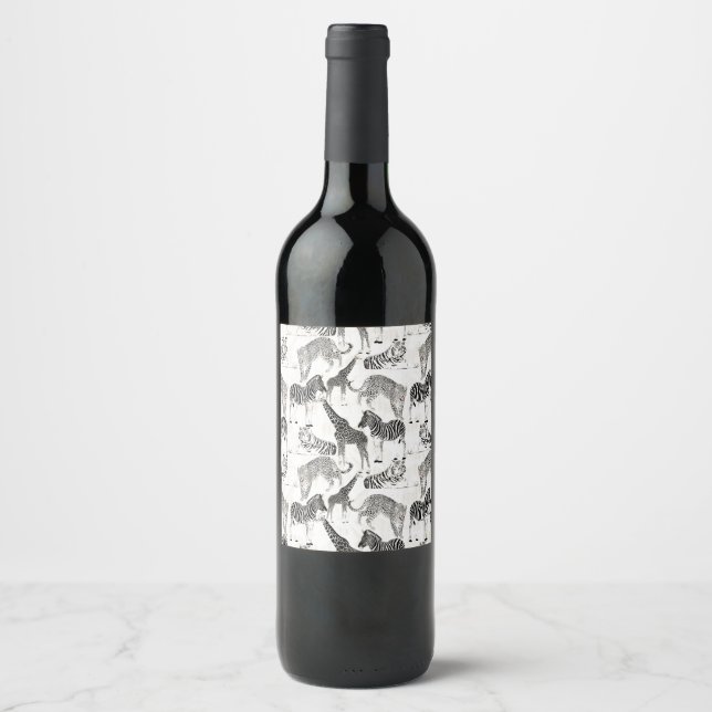 Stylish Black and White Jungle Animals Pattern Wine Label (Front)
