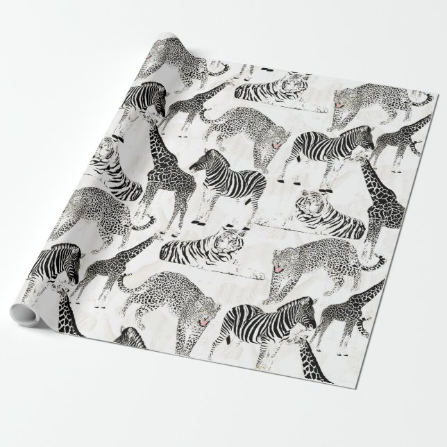 Stylish Black and White Jungle Animals Pattern Wrapping Paper (Unrolled)