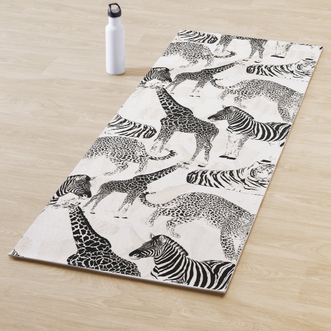 Stylish Black and White Jungle Animals Pattern Yoga Mat (In Situ)