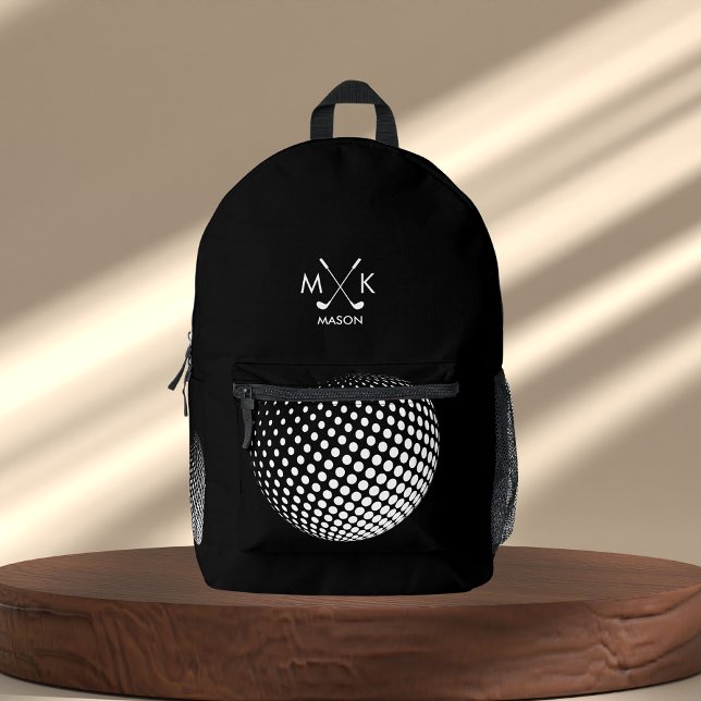 Stylish Black And White Modern Golf Ball Monogram  Printed Backpack (Creator Uploaded)