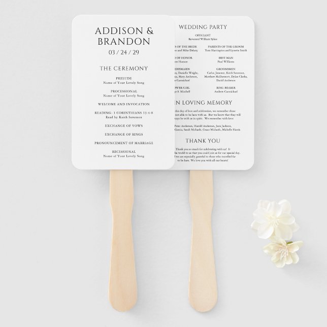 Stylish Black and White Modern Wedding Program Hand Fan (Front and Back)