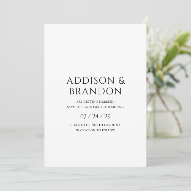 Stylish Black and White Modern Wedding Save The Date (Standing Front)