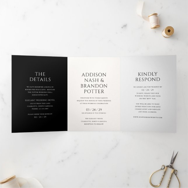 Stylish Black and White Modern Wedding Tri-Fold Invitation (Inside)