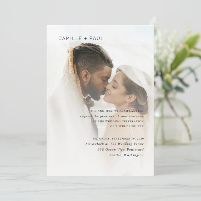 Stylish Black and White Photo Minimalist Wedding Invitation (Standing Front)