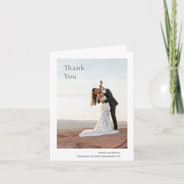 Stylish Black and White Photo Modern Wedding Thank You Card (Front)