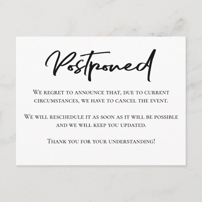 Stylish black and white postponement announcement postcard (Front)