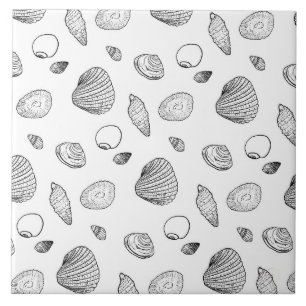 Stylish Black and White Seashells Pattern Ceramic Tile