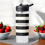 Stylish Black and White Stripes with Any Name Water Bottle<br><div class="desc">A classic look that is so chic and stylish,  this simple design has a horizontal stripes pattern in black and eggshell off-white. A text template is included to personalise with your name or other desired text in the centre of the design. Get the look! Makes a great gift idea.</div>