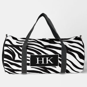Stylish Black and White Zebra Print with Initials Duffle Bag