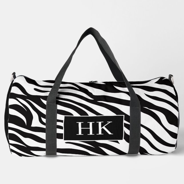 Stylish Black and White Zebra Print with Initials Duffle Bag (Front)