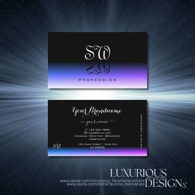 Stylish Black Blue Purple Gradient with Monogram Business Card (Creator Uploaded)