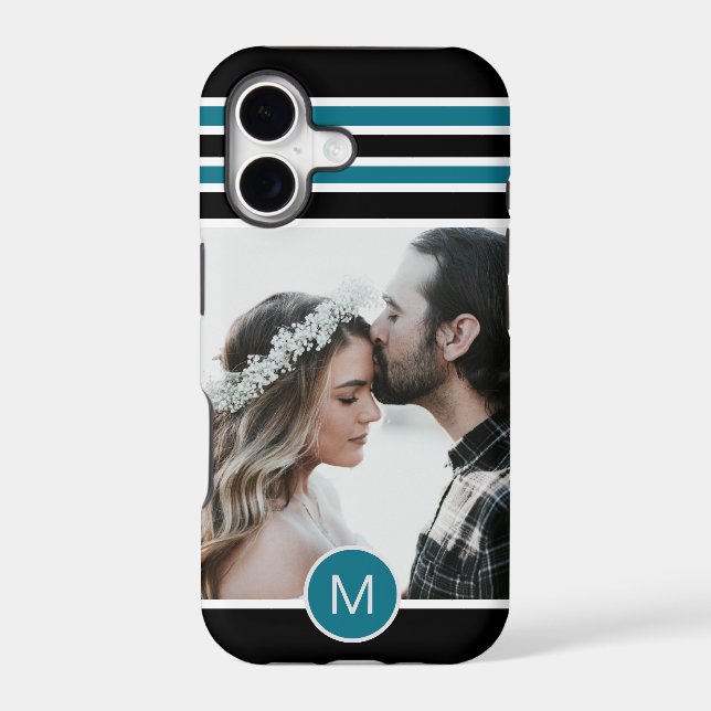 Stylish Black Blue Striped Monogram Custom Photo (Back)