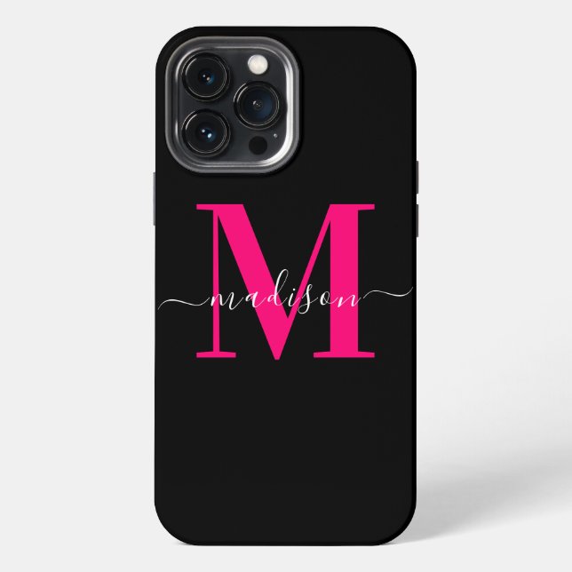 Stylish Black & Bold Hot Pink Monogram Initial  iPhone Case (Back)